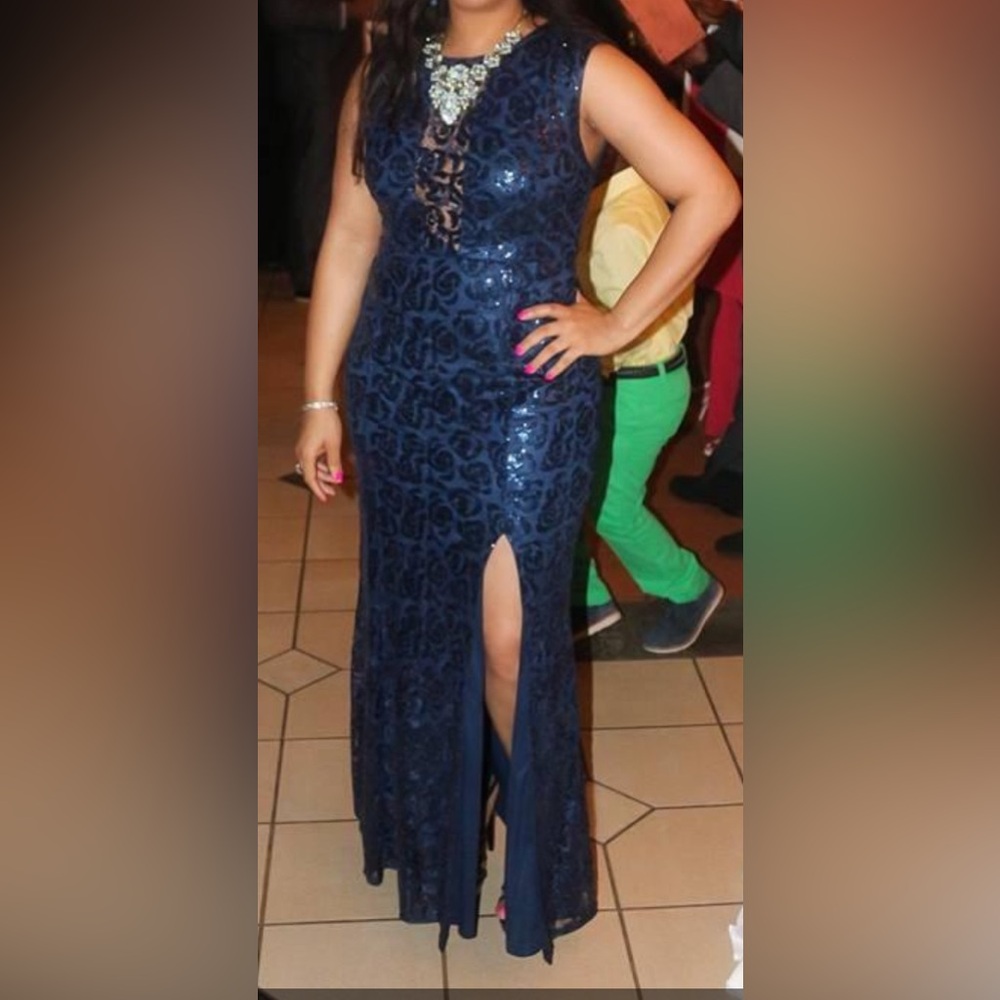 Navy blue floral sequin detail maxi dress with split